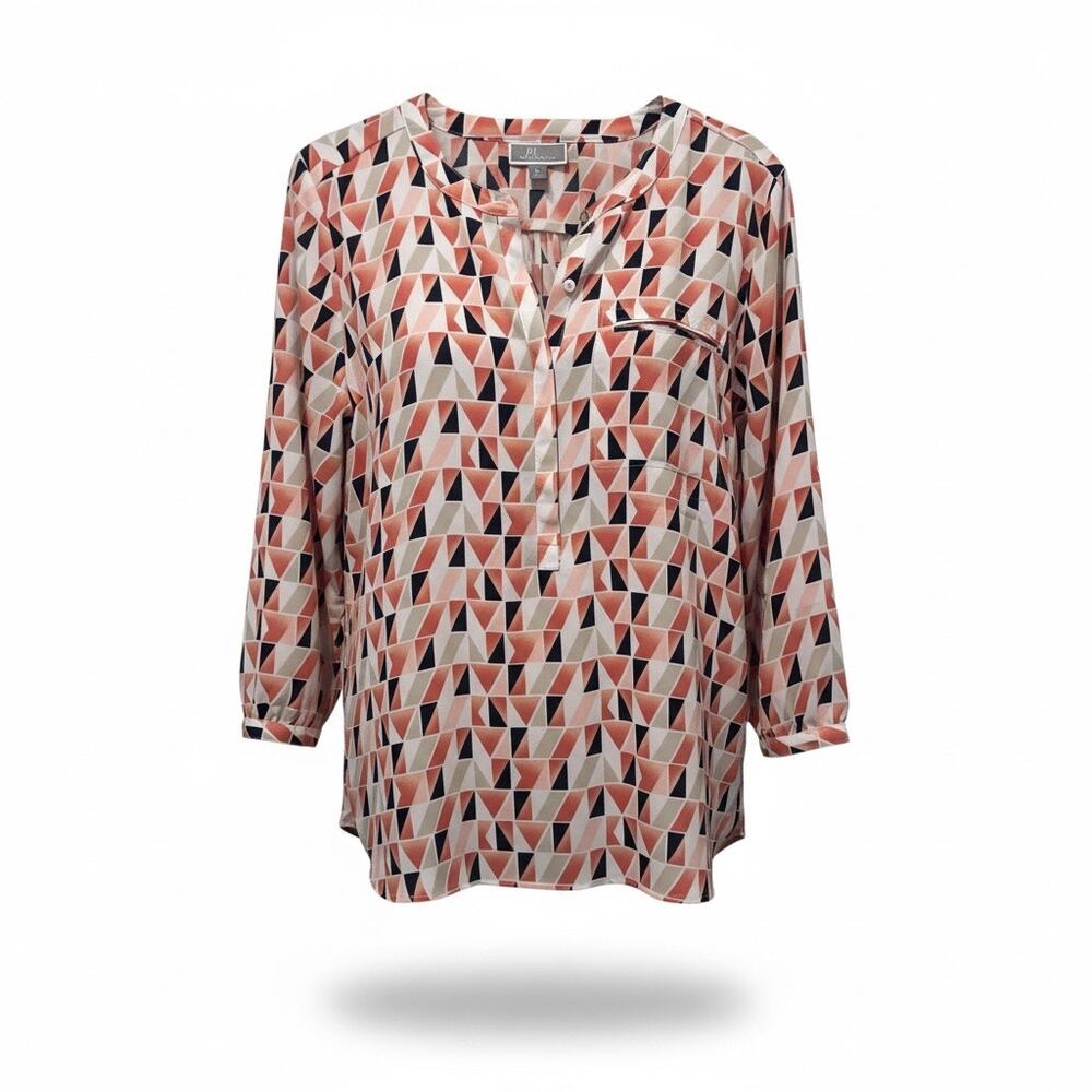 JM Collection Geometric Print Blouse Medium Long Sleeve Split Neck Top